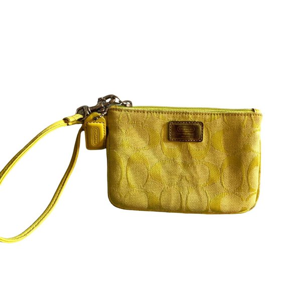 Coach Handbags - COACH Yellow Fabric & Leather WRISTLET Coin Wallet Monogram Hangtag Zip